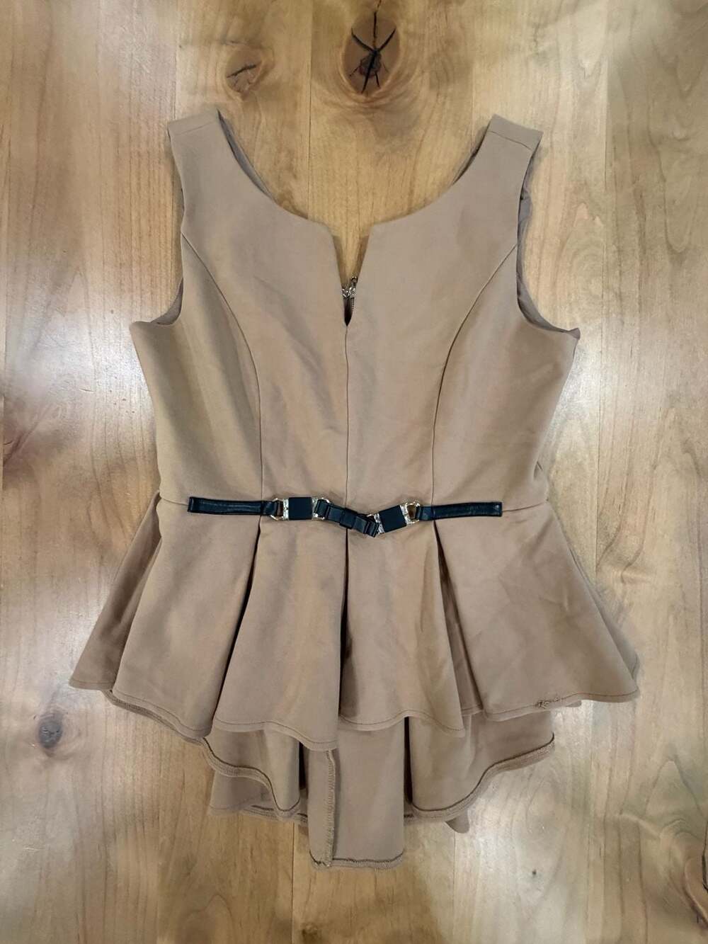 Gracia Sleeveless Taupe Peplum Top with Belt Medium